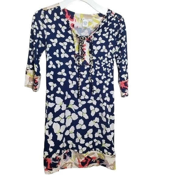 Diane von Furstenberg Women Floral 100% Silk Tunic Shift Dress SZ 2 Navy White - Picture 7 of 10